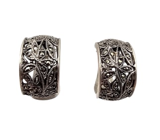 Marcasite Sterling Silver Hoop Earrings 11.5 G