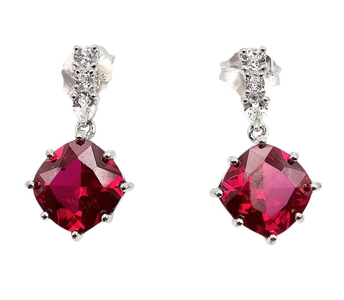 DK White Topaz Ruby Sterling Silver Dangle Earrings 5.4 G (1 of 4)