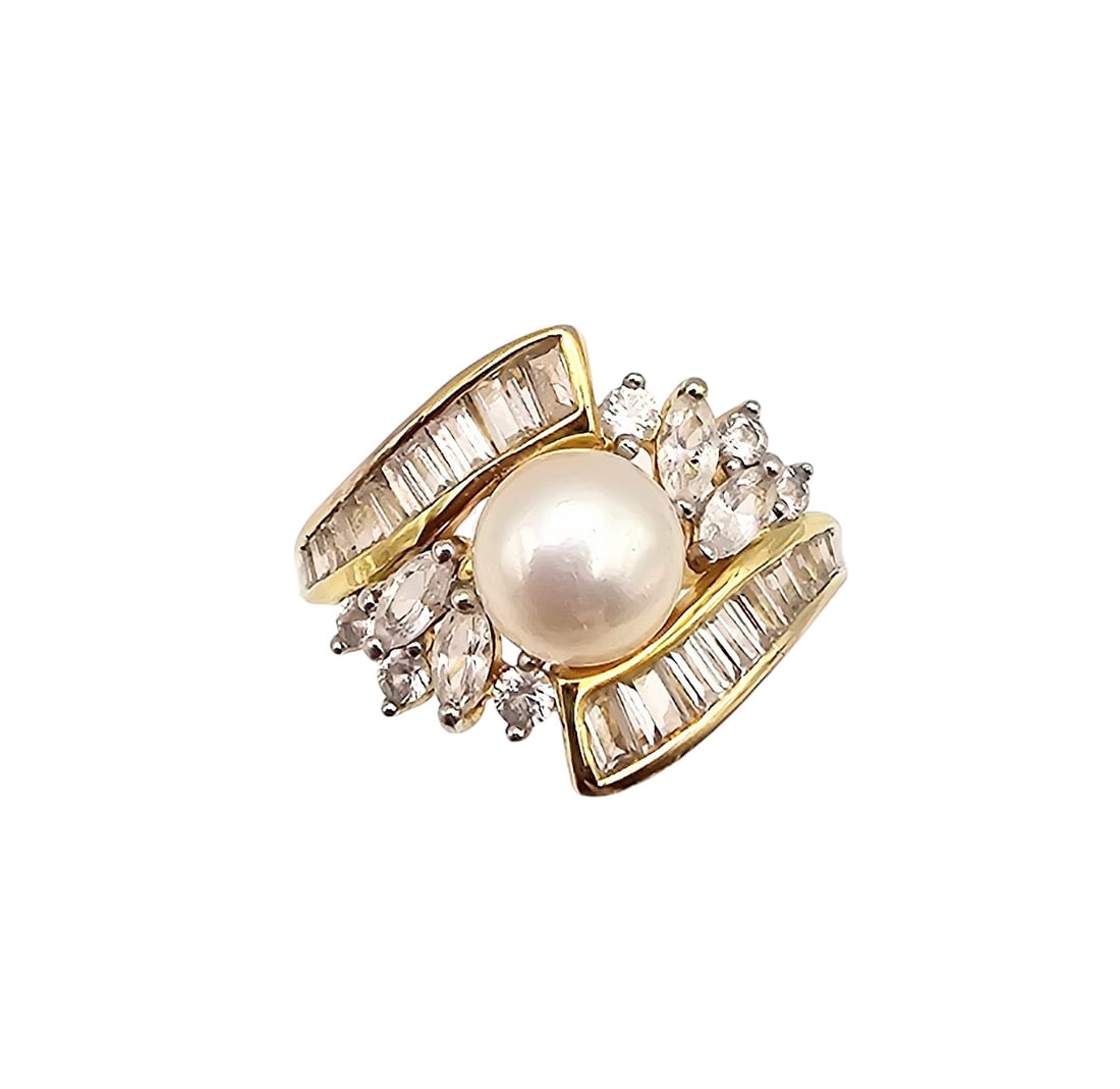 RL White Sapphire Pearl Gold Over Sterling Silver Cocktail Ring Size 6.5 3.9 G (1 of 4)