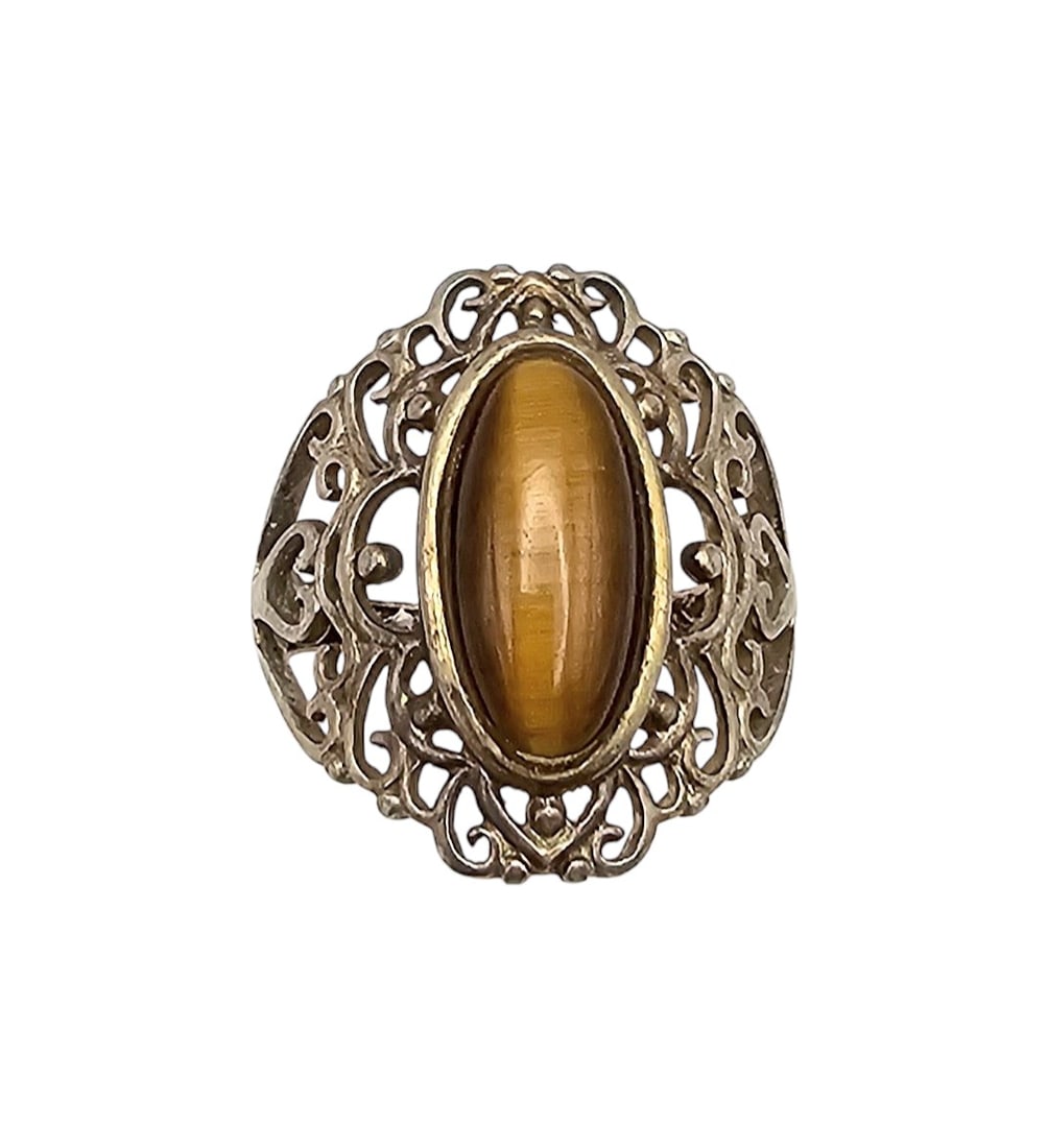 Rj Tigers Eye Sterling Silver Filigree Ring Size 6.75 3.9 G: Rj Tigers Eye Sterling Silver Filigree Ring Size 6.75 3.9 G
