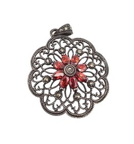 FAS Marcasite Rhinestone Sterling Silver Filigree Pendant 5.5 G