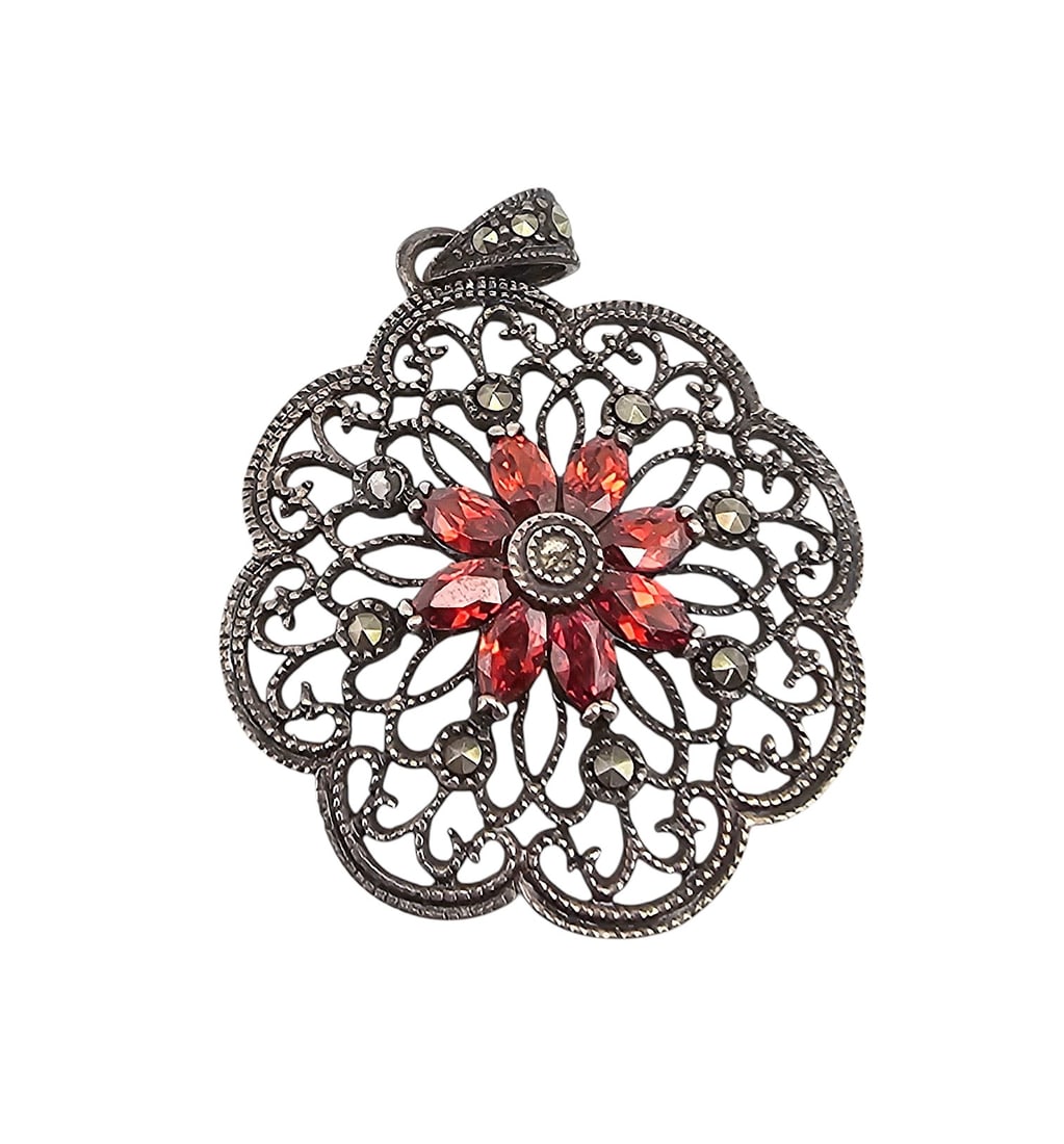 FAS Marcasite Rhinestone Sterling Silver Filigree Pendant 5.5 G: FAS Marcasite Rhinestone Sterling Silver Filigree Pendant 5.5 G