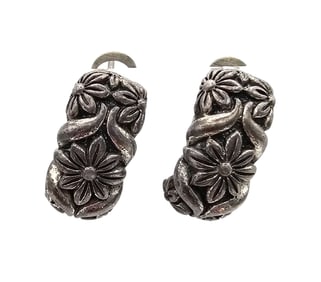 C Sterling Silver Floral Hoop Earrings 7.9 G