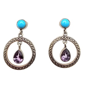 Amethyst Turquoise Sterling Silver Dangle Earrings 4.9 G
