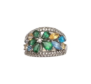 AJ Multi Gemstone Sterling Silver Cocktail Ring Size 8.25 6.8 G