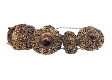 Vintage Chinese Import Gold Over Silver Filigree Tiger's Eye Dome Panel Bracelet 57.2 G