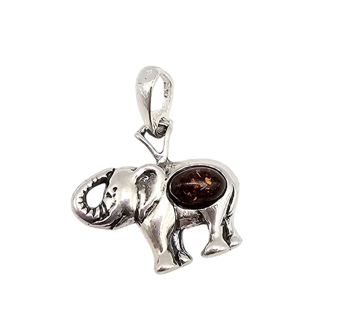 Amber Sterling Silver Elephant Pendant 1.8 G: Amber Sterling Silver Elephant Pendant 1.8 G
