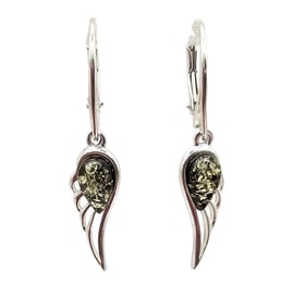 Green Amber Sterling Silver Wing Dangle Earrings 2.4 G