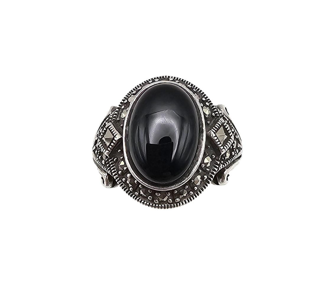 Onyx Marcasite Sterling Silver Cocktail Ring Size 9.25 8.3 G (1 of 4)