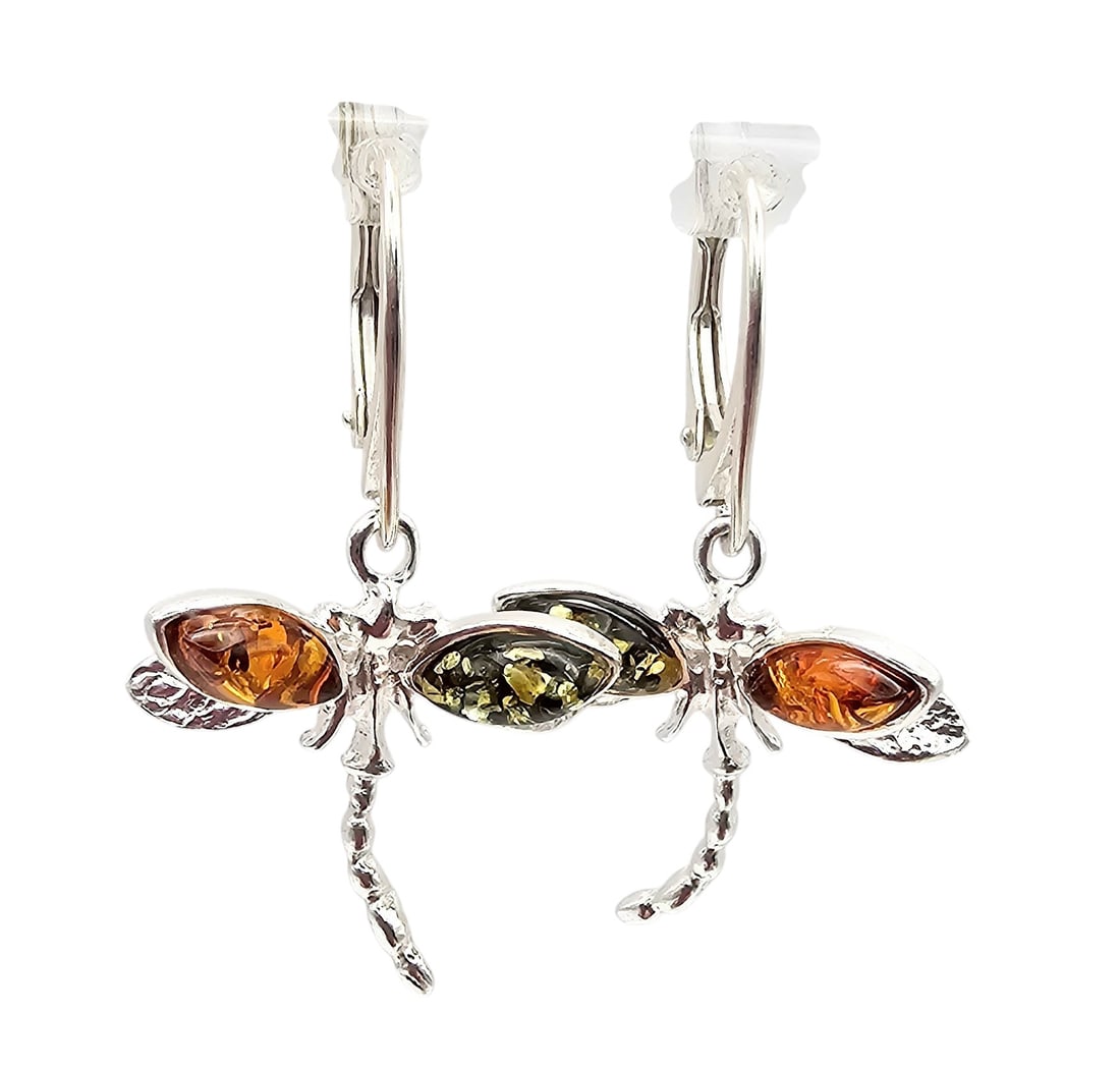 Amber Sterling Silver Dragonfly Dangle Earrings 4.4 G (1 of 4)