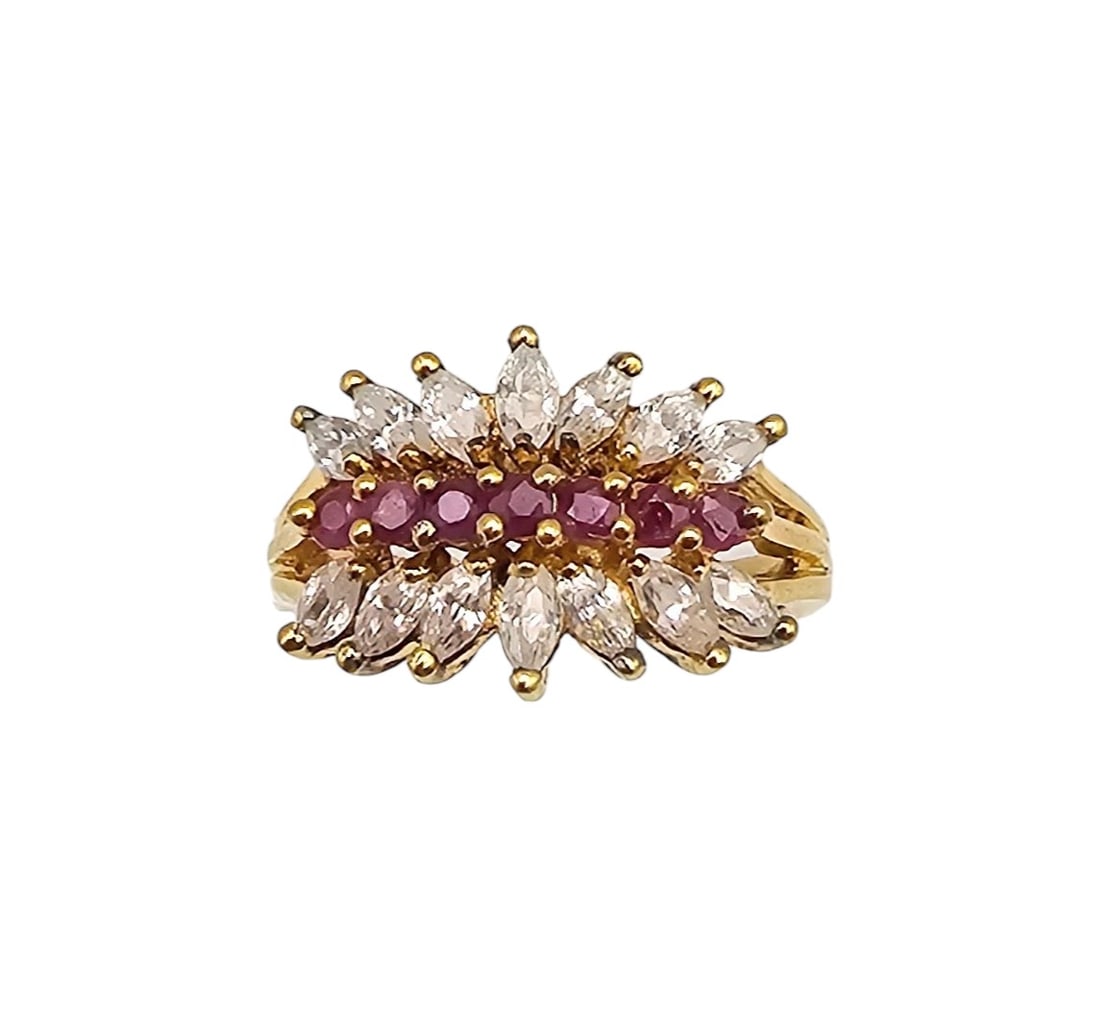 Signed With A Crown Ruby Cubic Zirconia Gold Over Sterling Silver Cocktail Ring Size 6.5 5 G (1 of 4)