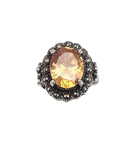 Amethyst Marcasite Sterling Silver Cocktail Ring Size 7.75 7.4 G