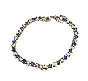 Blue White Rhinestone Gold Over Sterling Silver Tennis Bracelet 15.2 G