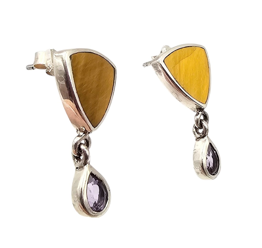 ICU Tigers Eye Amethyst Sterling Silver Dangle Earrings 4.5 G (1 of 3)