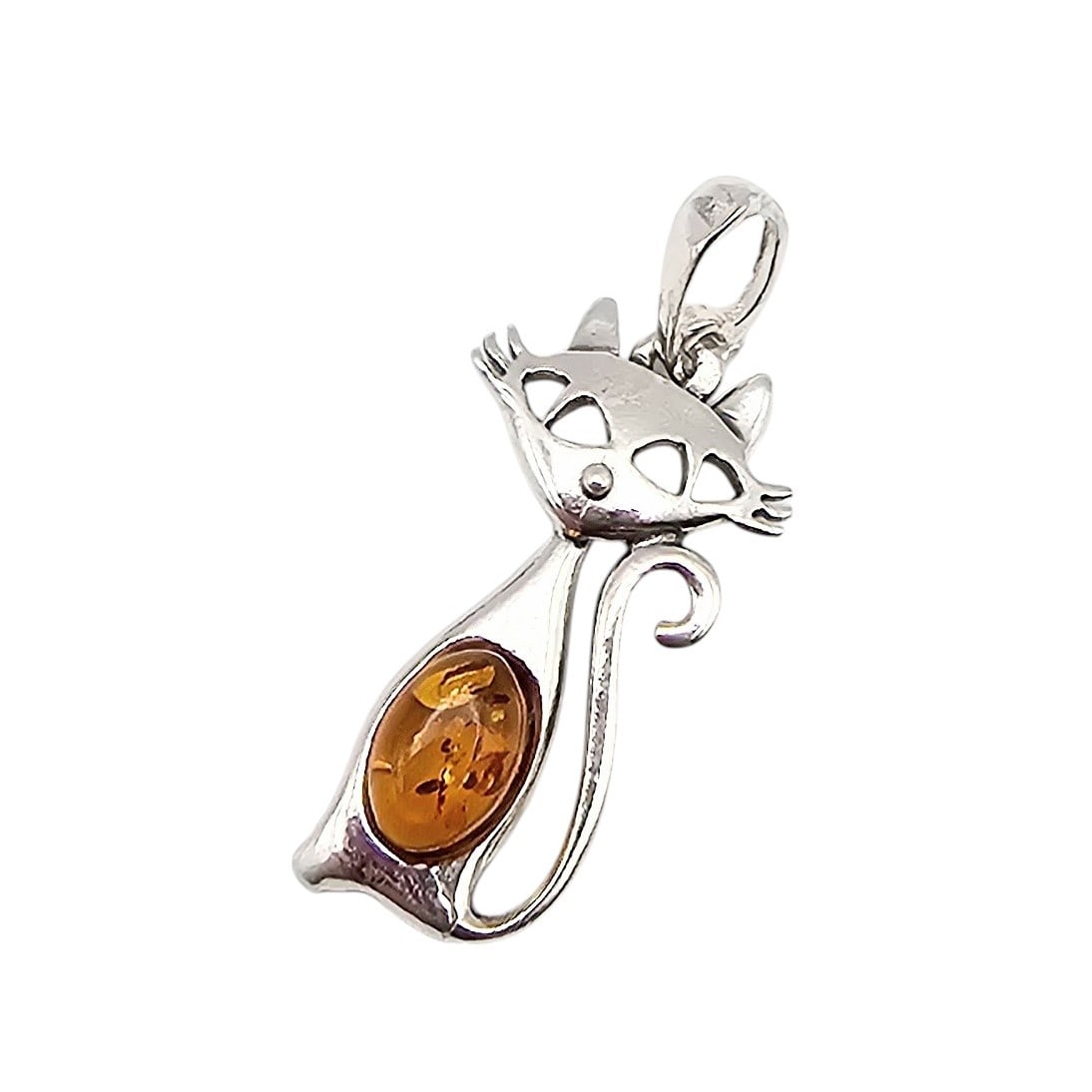 Amber Sterling Silver Cat Pendant 1.5 G: Amber Sterling Silver Cat Pendant 1.5 G