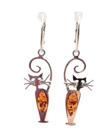 Amber Sterling Silver Cat Dangle Earrings 3.9 G