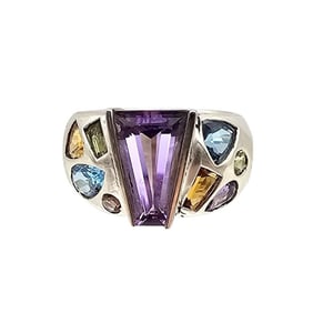 Signed Multi Gemstone Sterling Silver Cocktail Ring Size 5.5 7.9 G