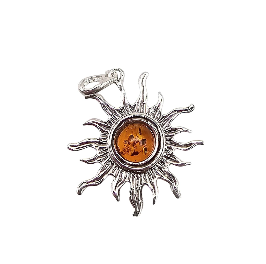 Amber Sterling Silver Sun Pendant 2.8 G: Amber Sterling Silver Sun Pendant 2.8 G