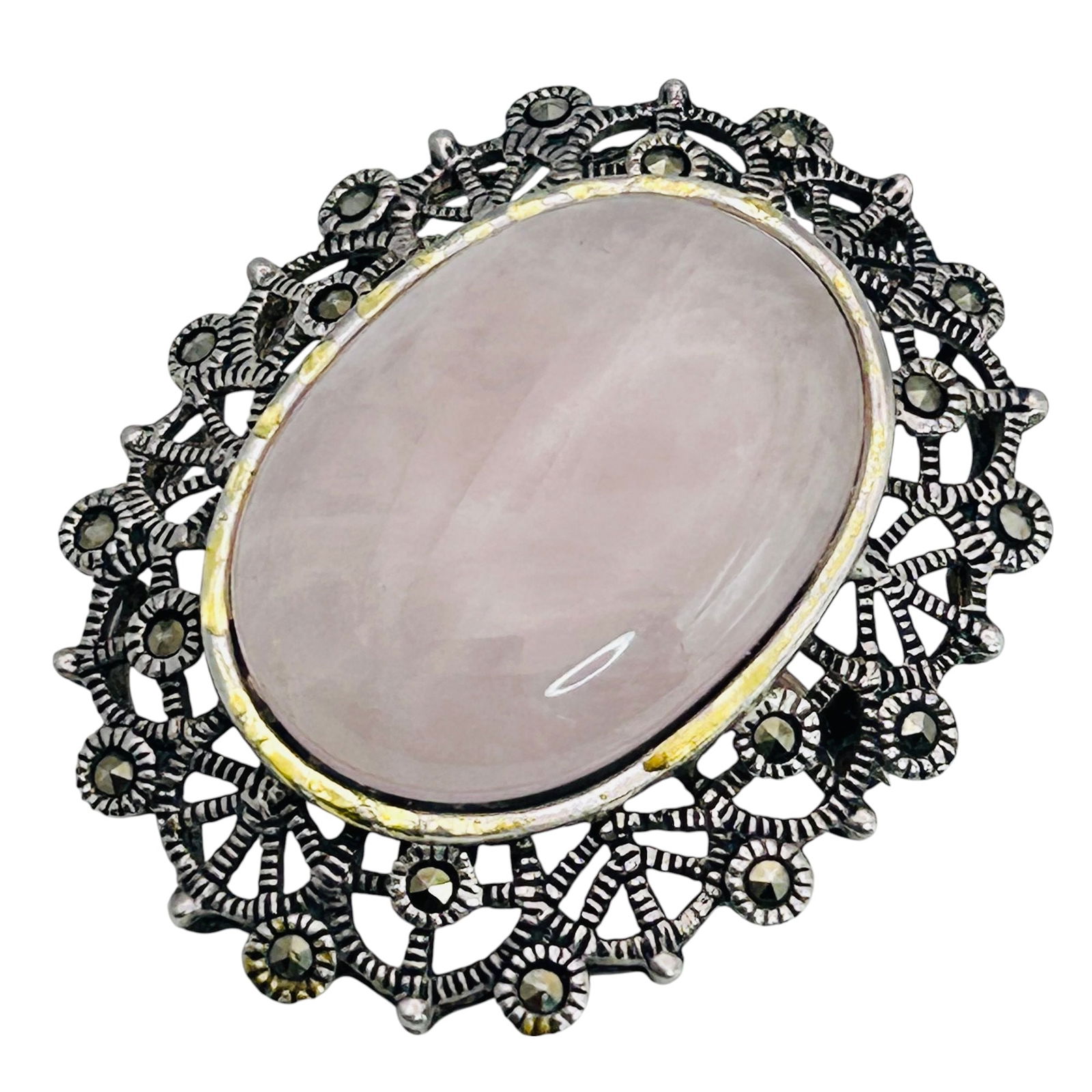 Rose Quartz And Marcasite Sterling Oval Brooch And Pendant 11.49g: Rose Quartz and marcasite Sterling oval brooch and pendant 11.49g