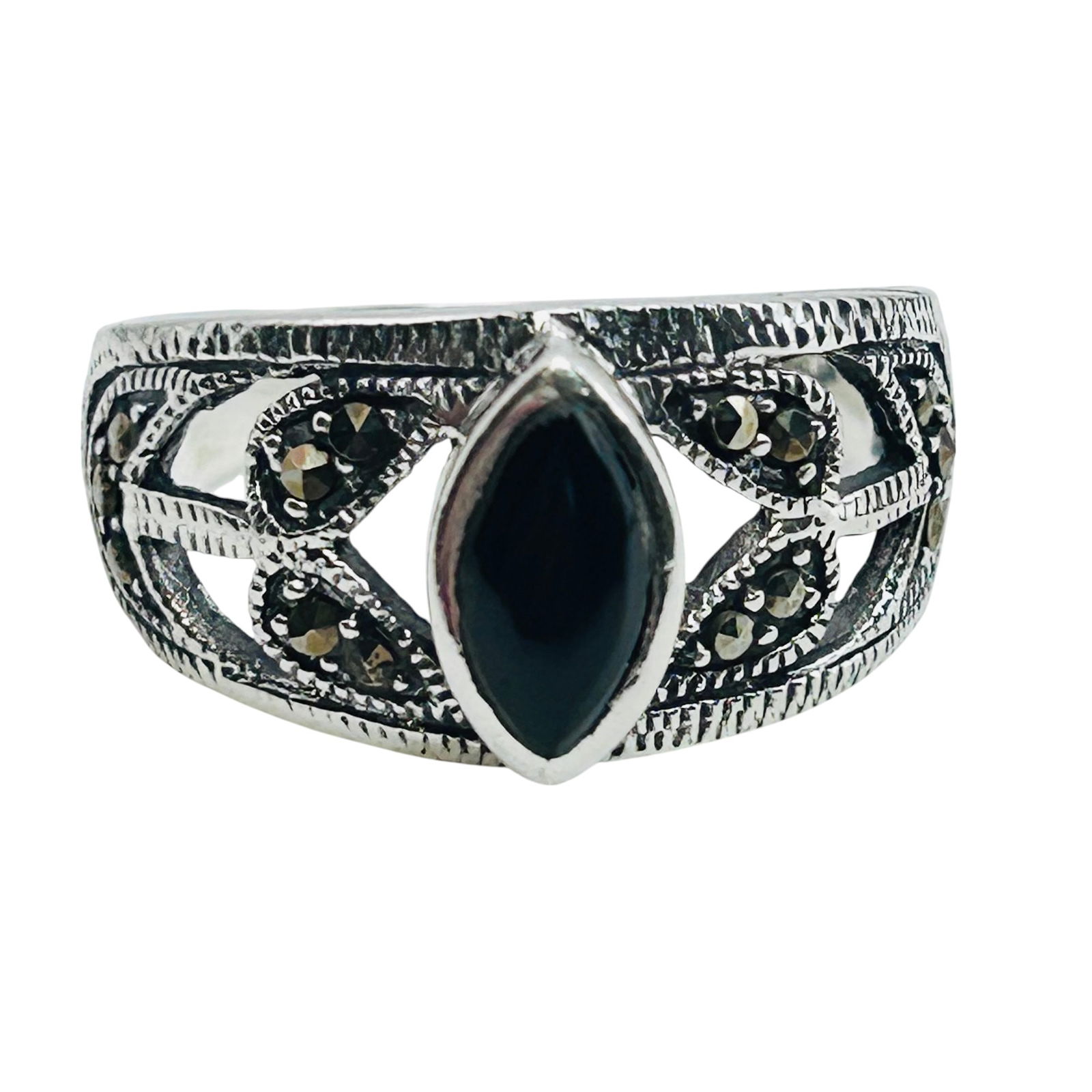 ONYX And MARCASITE Sterling Ring Size 7, 4.48 G (1 of 8)