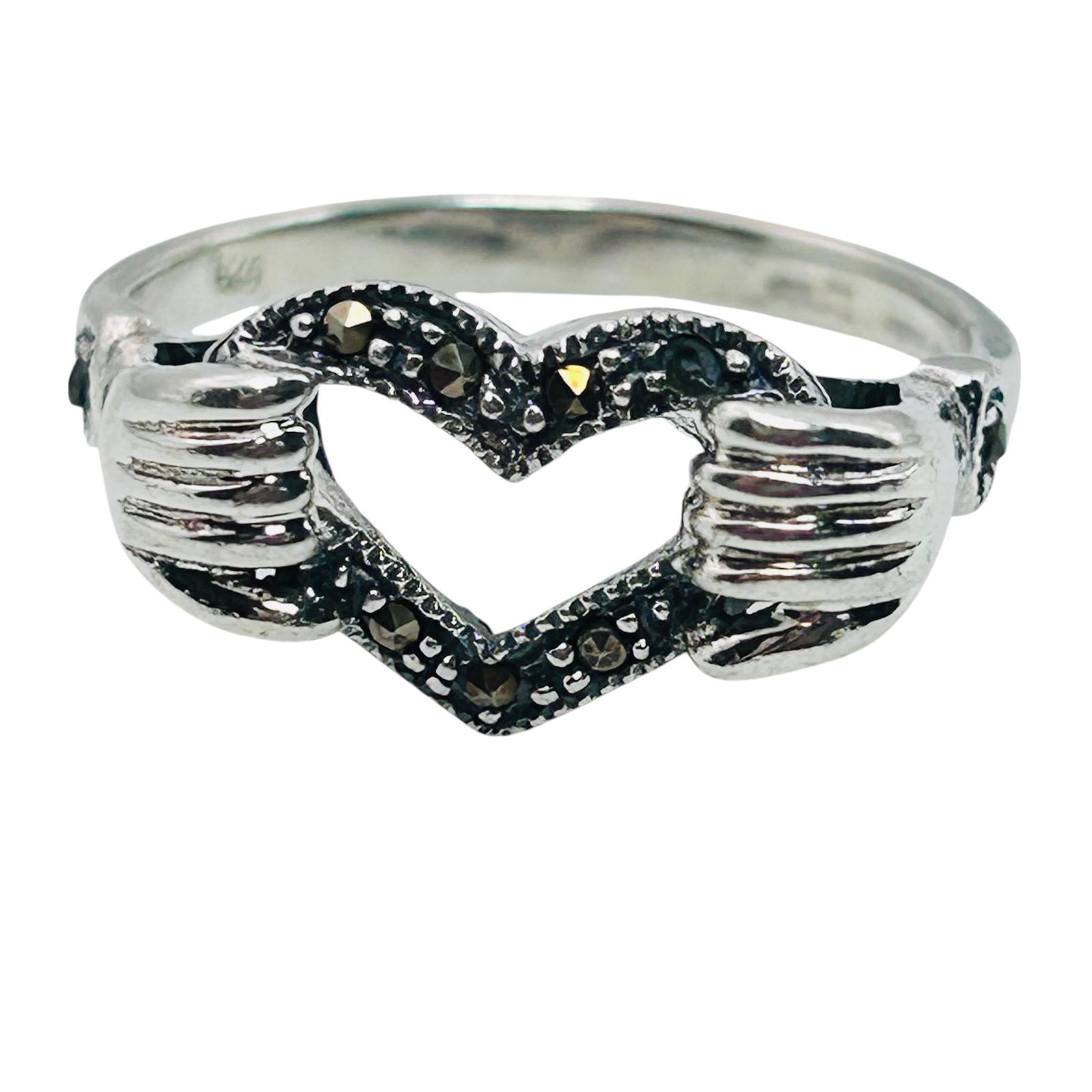Sterling MARCASITE Heart And Hand Ring Size 8, 3.49 G: Sterling MARCASITE heart and hand ring size 8 3.49 g