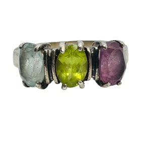Amethyst Garnet Topaz Sterling Three Stone Ring Size 6, 3.31 G