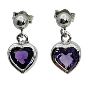 Amethyst Sterling Heart Dangle Earrings 2.7 G