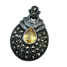 Citrine And MARCASITE Sterling Signed Pendant 5.2 G