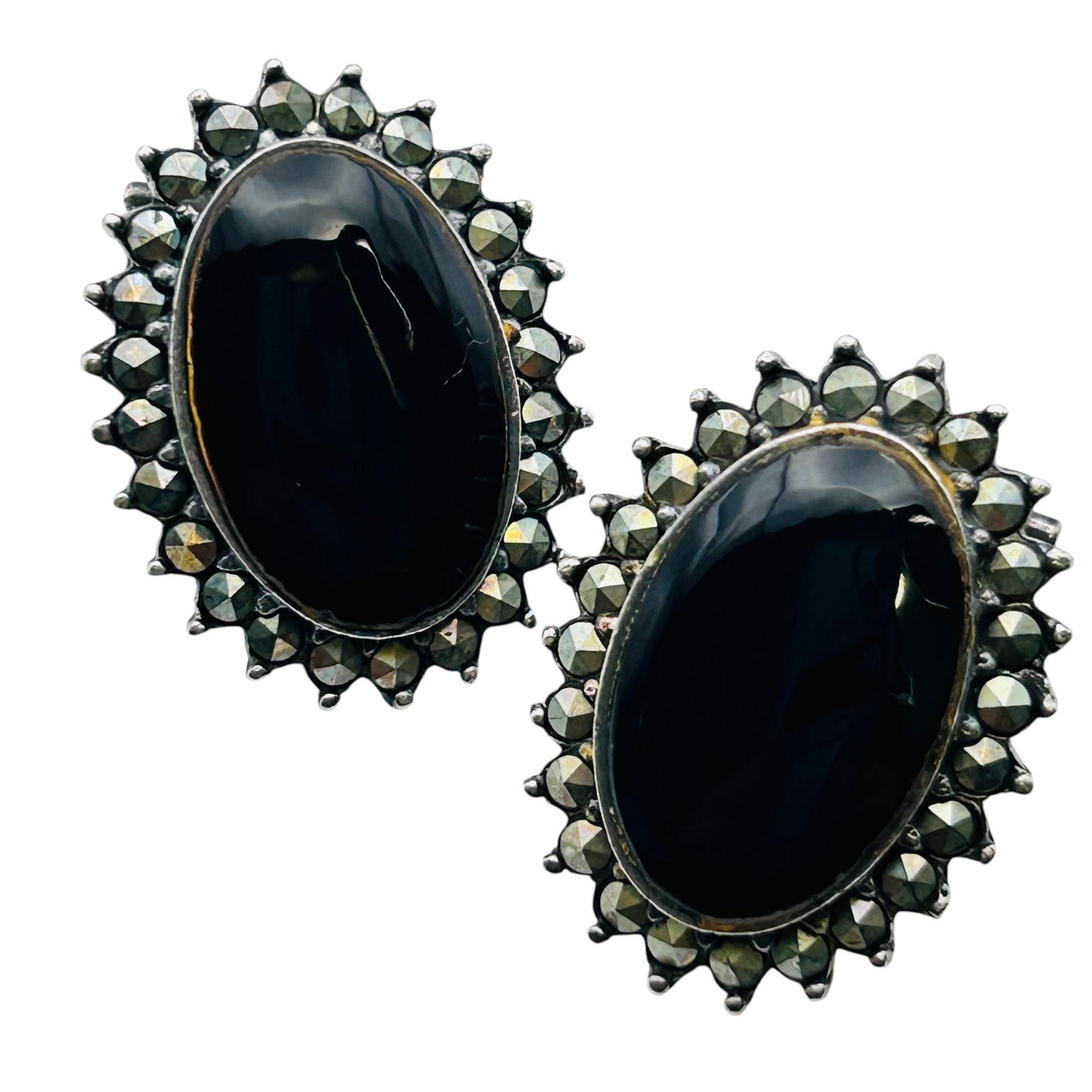 Onyx And MARCASITE Sterling Oval Clip On Earrings 11 G: Onyx and MARCASITE Sterling oval clip on earrings 11 g