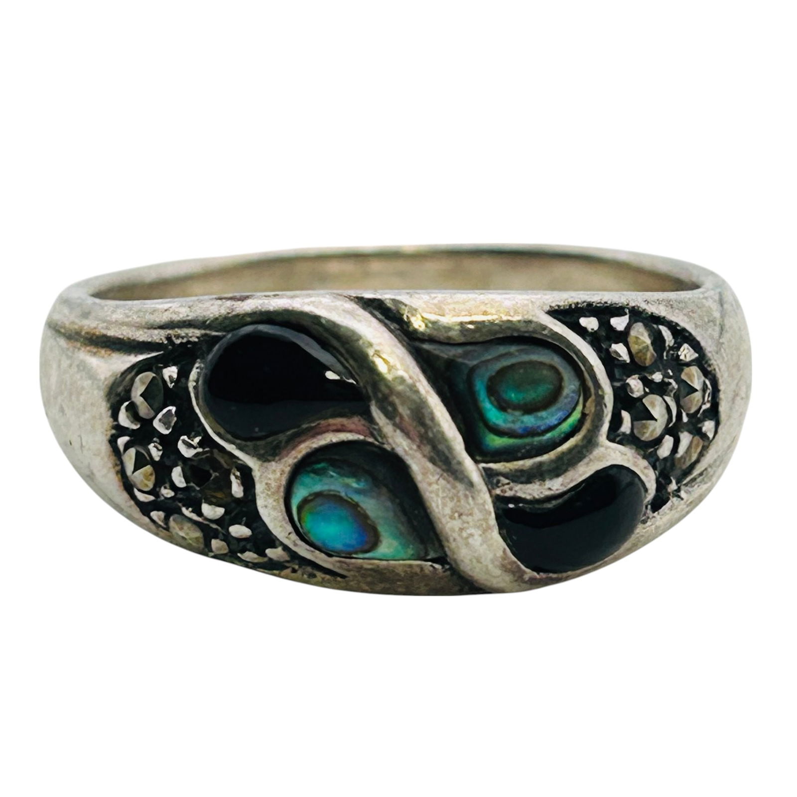 Abalone, ONYX, MARCASITE Ring Size 7.5, 4.53g (1 of 6)