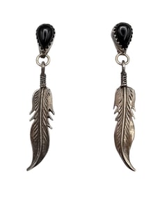 Navajo Onyx Sterling Silver Feather Dangle Earrings 3.3 G
