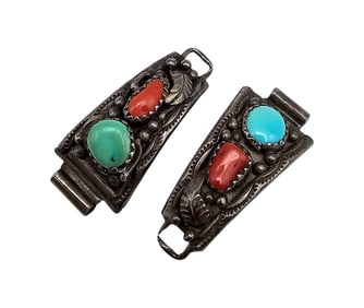 Navajo Coral Turquoise Sterling Silver Watch Nibs 8.3 G