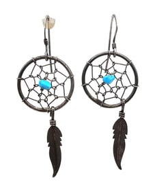 Native Turquoise Sterling Silver Dream Catcher Feather Dangle Earrings 3.7 G