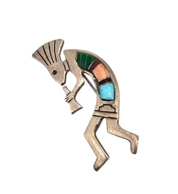 Glenn & Irene Sandoval Navajo Multi Stone Sterling Silver Kokopelli Brooch 8.7 G