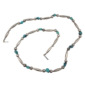 Navajo Turquoise Sterling Silver Bead Necklace 32.7 G