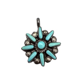 Navajo Turquoise Sterling Silver Petit Point Flower Pendant 3 G