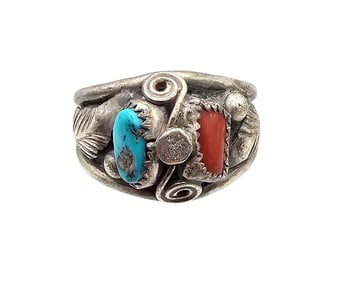 Navajo Coral Turquoise Sterling Silver Ring Size 13 7.7 G