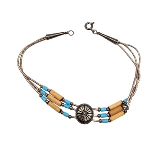 Navajo Turquoise Heishi Liquid Silver Sterling Silver Multi Strand Bracelet 3.3 G