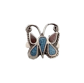 Navajo Crushed Coral Turquoise Sterling Silver Butterfly Ring Size 5.25 2.6 G