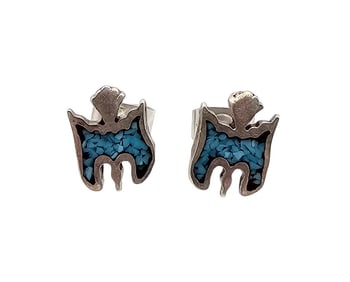 Navajo Crushed Turquoise Sterling Silver Thunderbird Earrings 1.1 G