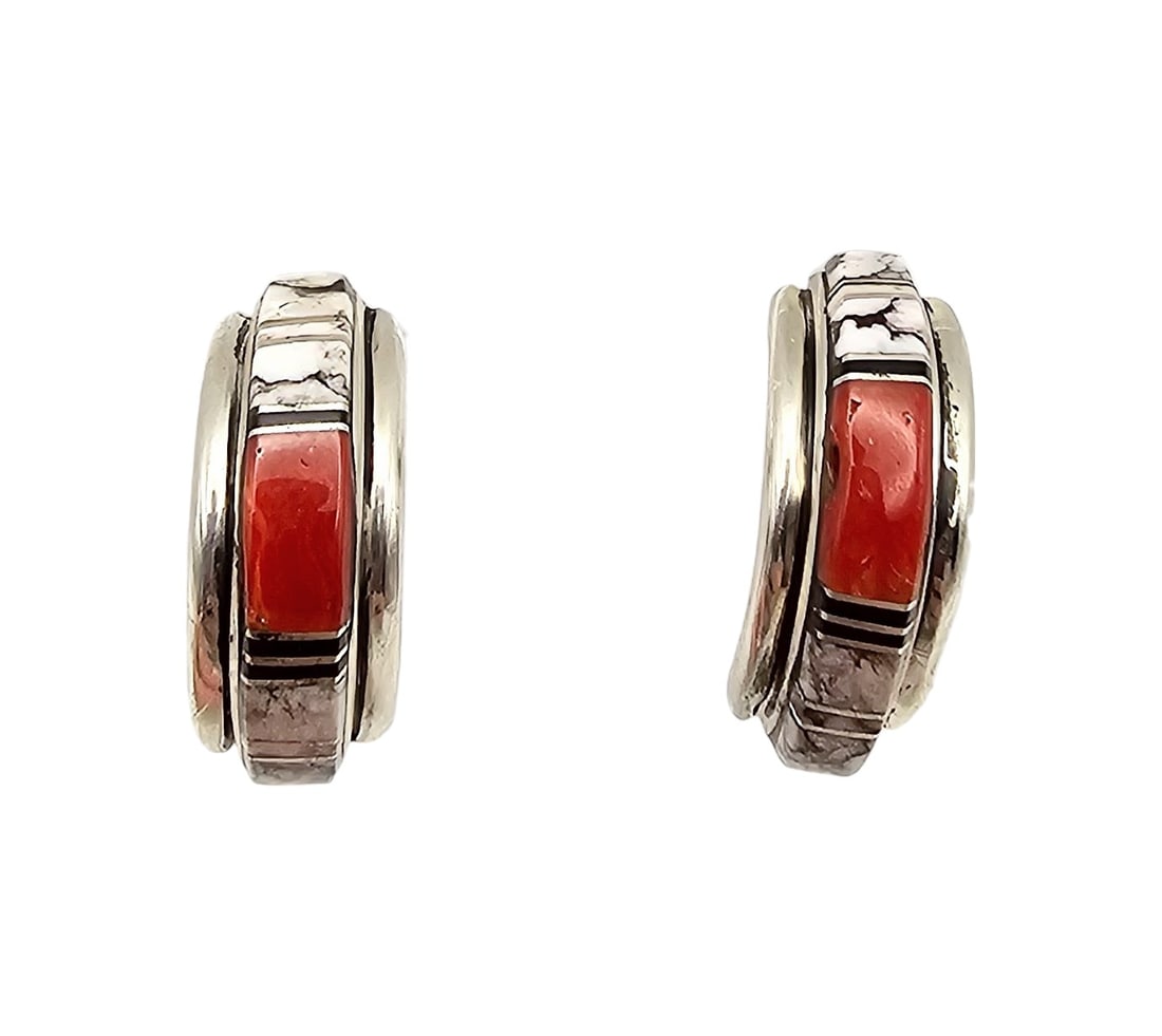 Southwestern Multi Stone Sterling Silver Hoop Earrings 7.7 G: Southwestern Onyx Agate Coral Sterling Silver Hoop Earrings 7.7 G