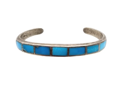Native Turquoise Sterling Silver Inlay Cuff Bracelet 15.5 G