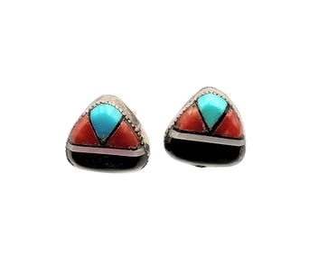 Navajo Coral Onyx Turquoise Mother Of Pearl Sterling Silver Inlay Earrings 1 G