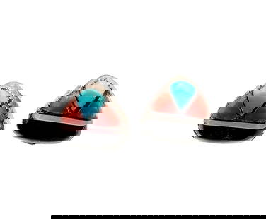 Navajo Coral Onyx Turquoise Mother Of Pearl Sterling Silver Inlay Earrings 1 G: Navajo Coral Onyx Turquoise Mother Of Pearl Sterling Silver Inlay Earrings 1 G