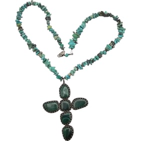 Native Malachite Turquoise Sterling Silver Cross Necklace 44.5 G