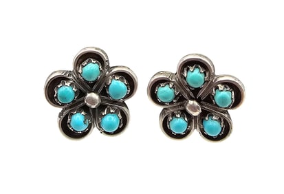 Navajo Turquoise Snake Eye Sterling Silver Flower Shadow Box Earrings 2 G