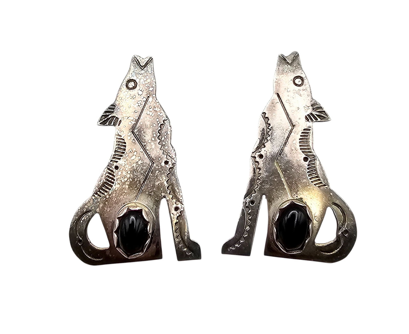 Signed Native Onyx Sterling Silver Howling At The Moon Earrings 4.3 G (1 of 4)