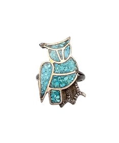 Navajo Crushed Turquoise Sterling Silver Owl Ring Size 6.25 4.7 G