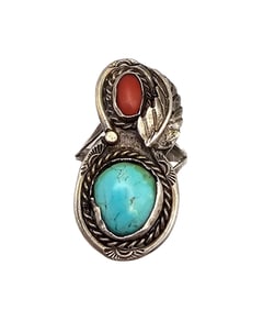 Navajo Coral Turquoise Sterling Silver Ring Size 7 5.9 G