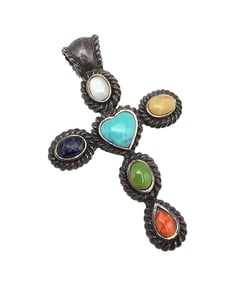 Southwestern Multi Stone Sterling Silver Cross Pendant 9.6 G